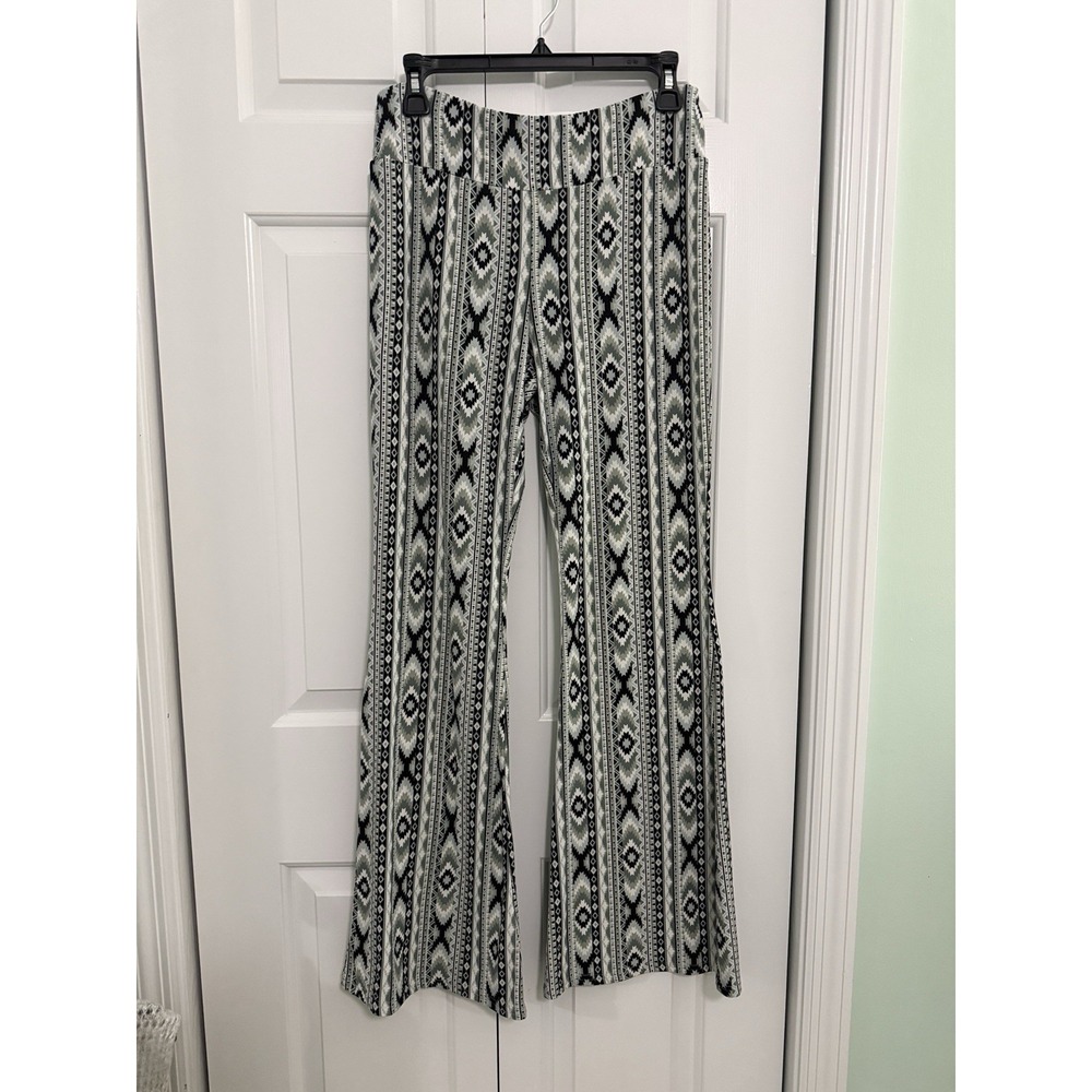 No Boundaries Boho Flare Pants Geometric Stripe Green Theme Bell Bottoms Large